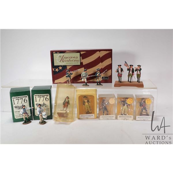 Tray lot of collectible cast metal and painted figures including The American Revolution Continental