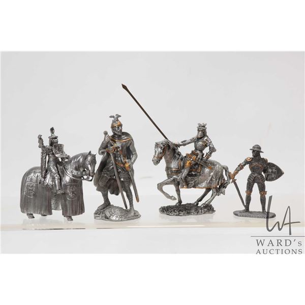 Four cast pewter knights figures including mounted riders