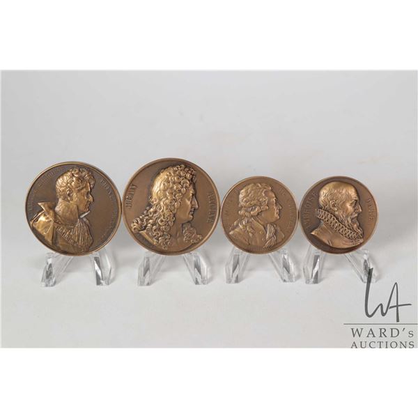 Four French medallions, two 1 1/2" including Ambroise Pare and Gabrile Riquetti de Mirabeau plus two