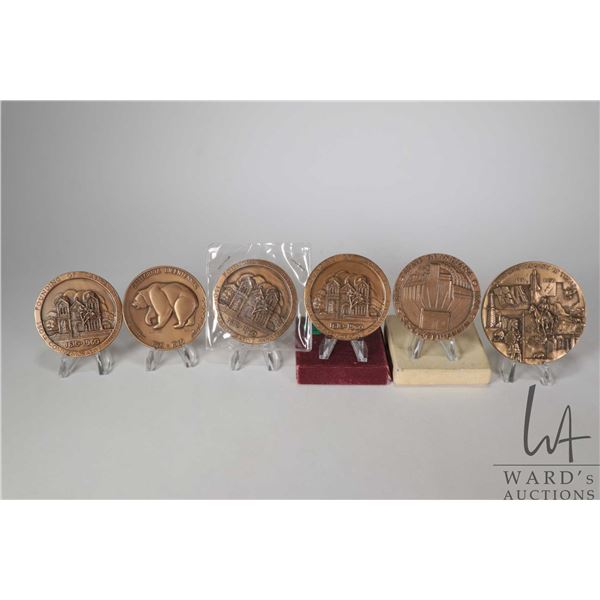 Six bronze medallions including two 2 1/2" 350th Commemorative Anniversary of the Founding of Santa 