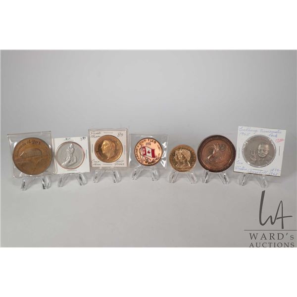 Seven collectible medallions including Sudbury 1965 Sir Winston Churchill, gold plated Pierre Trudea