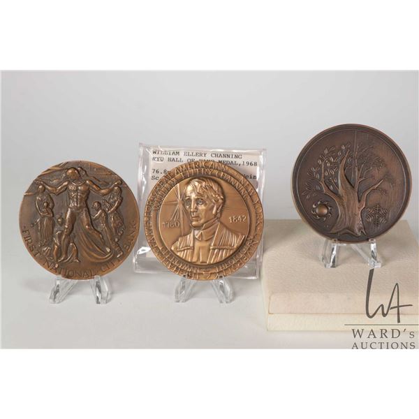 Three bronze medallions including The Franklin Mint 1973 Calendar 3", Us First National City Bank 19