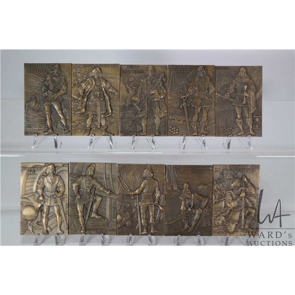 Nine rectangular bronze medal celebrating Portuguese discoverers including Gaspar Corte Real, Trista