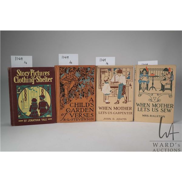 Four collectible hardcover children's books including "Story Pictures of Clothing and Shelter" by Jo