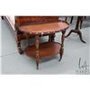 Image 1 : Antique quarter cut oak, two tier occasional table with sculpted fretwork galley on castor, 22" H X 
