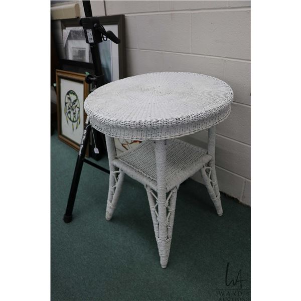 Vintage quality white wicker occasional table with under shelf, 28" H X 23" D