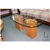 Image 1 : Double wood and brass pedestal coffee table with beveled glass top, 20" H X 48" X 24"