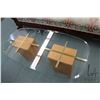 Image 2 : Double wood and brass pedestal coffee table with beveled glass top, 20" H X 48" X 24"