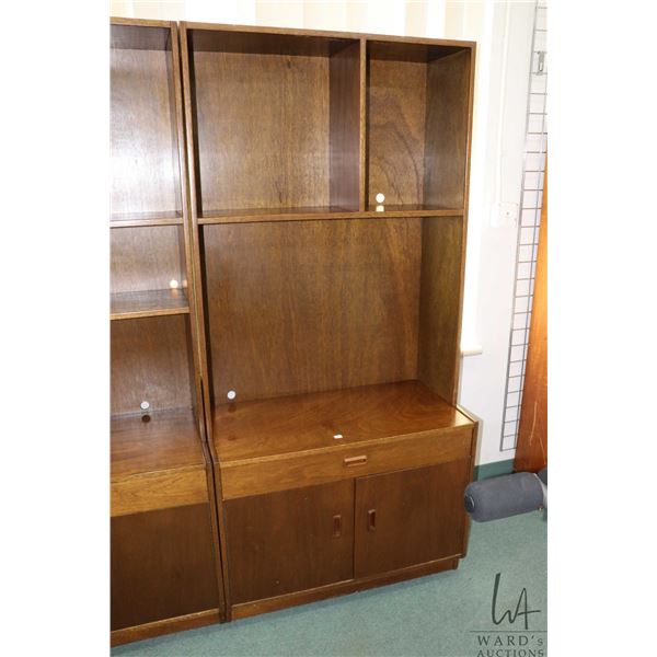 Midcentury one piece wall unit with open shelf top, two doors and single drawer, 75" H X 36" W X 18"