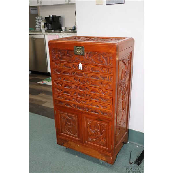 Vintage Chinese carved silver ware chest with two door cabinet, seven drawers and flip up top, note: