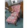 Image 1 : Semi contemporary channel back parlour chair with chintz upholstery, ball and claw feet with matchin