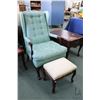 Image 1 : Upholstered wing back chair and a small foot stool
