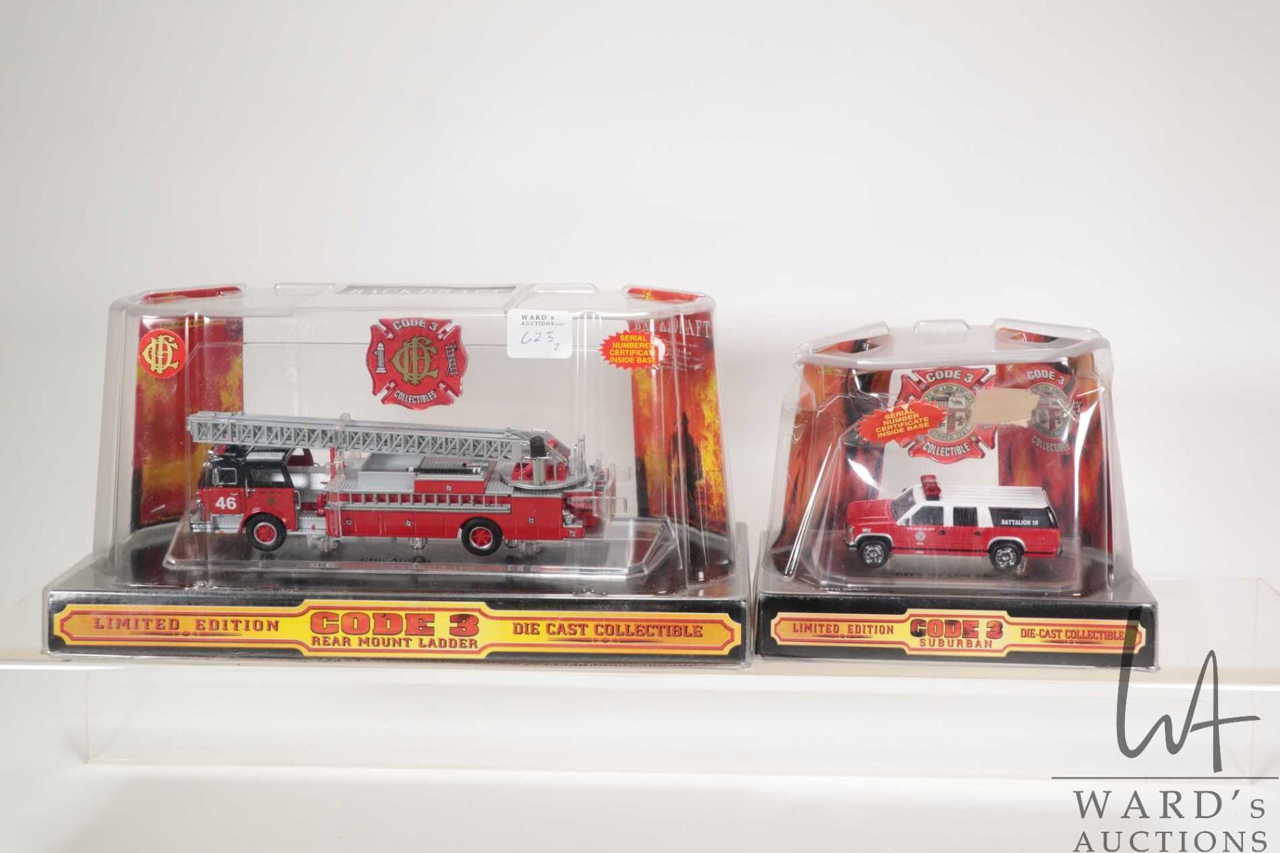 Two 1:64 scale Code 3 die-cast fire vehicles including Rear Mount ...