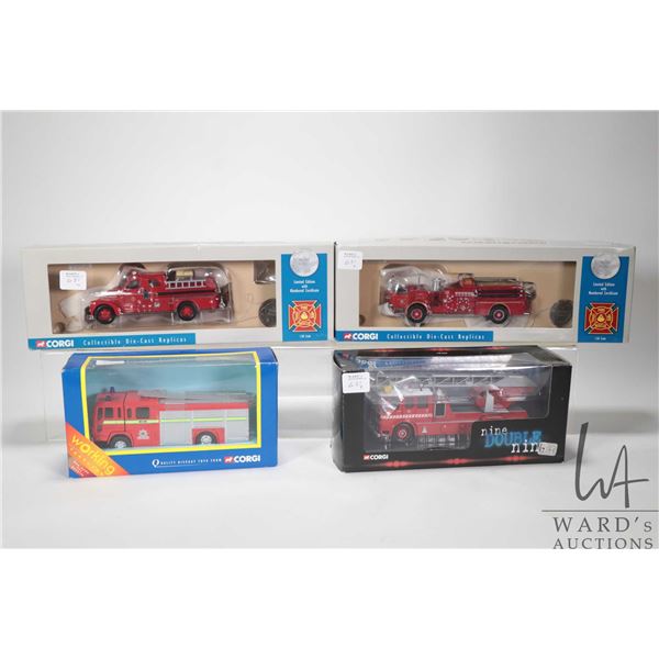 Four Corgi die-cast 1:50 scale fire engines with original boxes