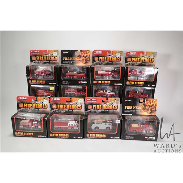 Twelve 1:50 scale Corgi Fire Heroes emergency vehicles in original boxes