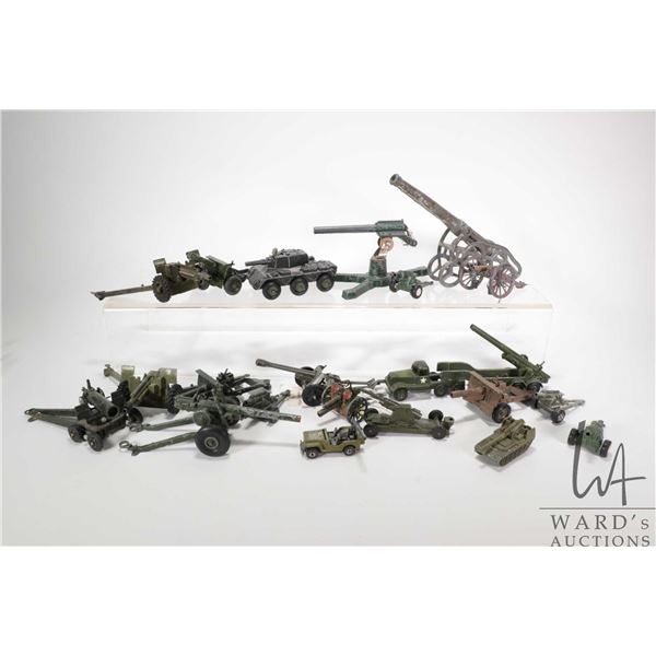 Selection of vintage metal toy cannons and military vehicles, mostly Crescent brand, assorted sized 