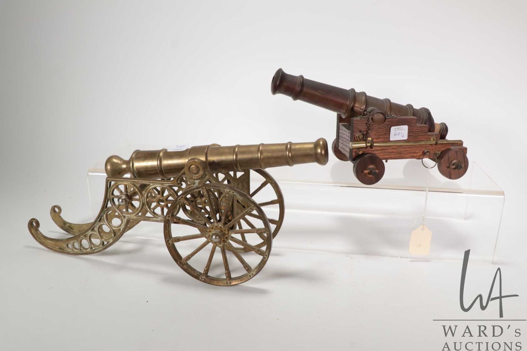 Two collectible cannons including brass cannon on cart 14
