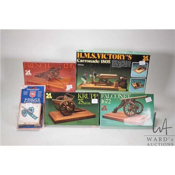 Five wood and metal cannon model kits including Falconet 1672, Krup 75mm, French 12 lb. etc.