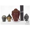 Image 2 : Four collectible Tibetan Buddha heads including soapstone, bronze and carved wood, 3 1/2" - 7"