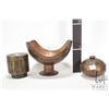 Image 2 : Three pieces of mid century, hand hammered and chased copper including lidded pot, 7" high cradle co