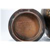 Image 8 : Three pieces of mid century, hand hammered and chased copper including lidded pot, 7" high cradle co