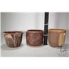 Image 2 : Three clay pots including one hanging pot, no artisan signatures, ranging from 8" to 9 1/2" diameter