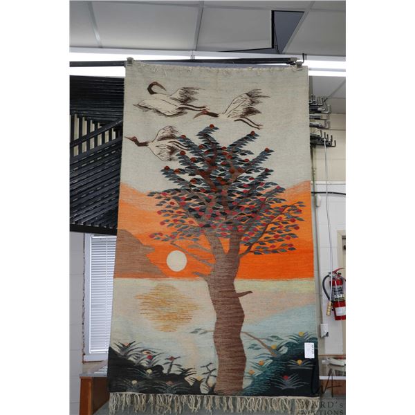 Hand woven Egyptian wool tapestry with flying cranes and tree motif, 40" X 68"