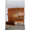 Image 1 : Mid century modern modular teak wall unit with multiple shelves and cupboards, overall dimensions 79