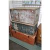 Image 1 : Three vintage settler's wooden trunks including gray painted 18" H X 36" W X 18" D, plus two child s