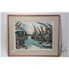 Image 1 : Mid century original watercolour/ gouache painting of a harbour scene, signed by artist (?) and date