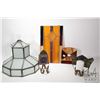 Image 1 : Selection of artisan made leaded glass including unusual lamp base, note: missing globe, two panels 