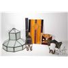Image 2 : Selection of artisan made leaded glass including unusual lamp base, note: missing globe, two panels 