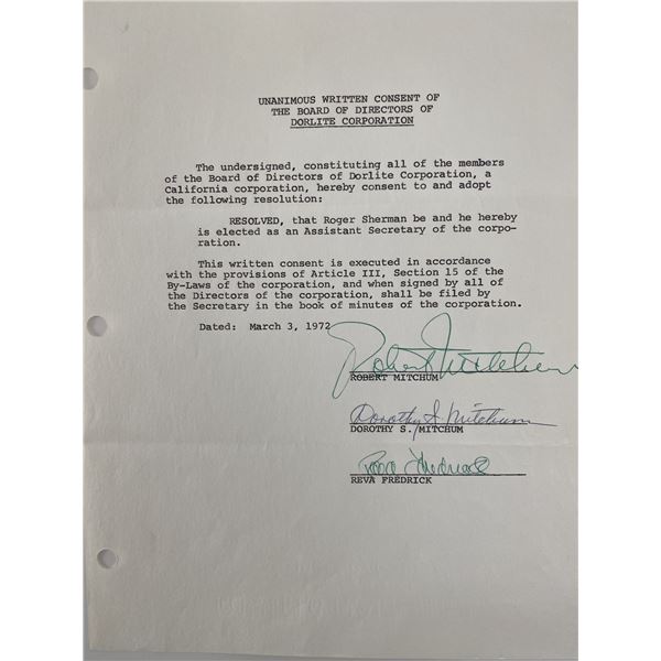 Robert Mitchum signed Dorlite Corporation Document