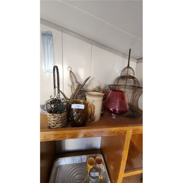 Assorted vases, plates and wire baskets