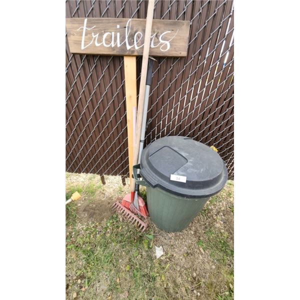 Garbage can with lid, rake, broom
