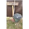 Image 1 : Garbage can with lid, rake, broom