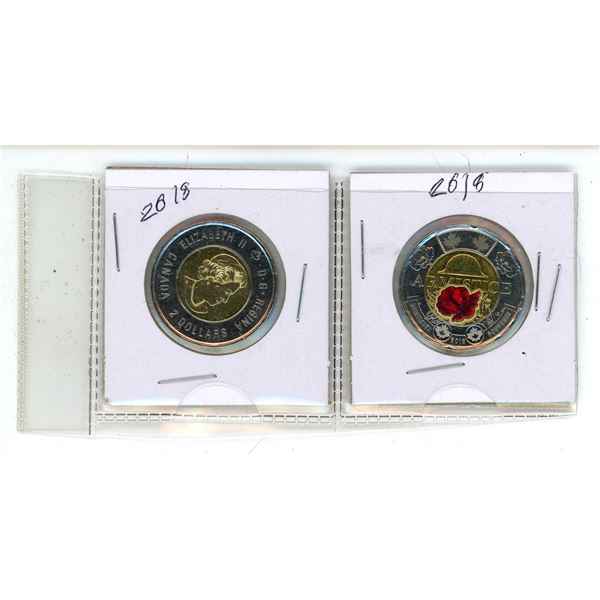 2x 2022 Canadian "Armistice" 2 dollar toonies - 1 colored