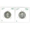 Image 1 : 2x Canadian silver 25 cent coins - 1963-64