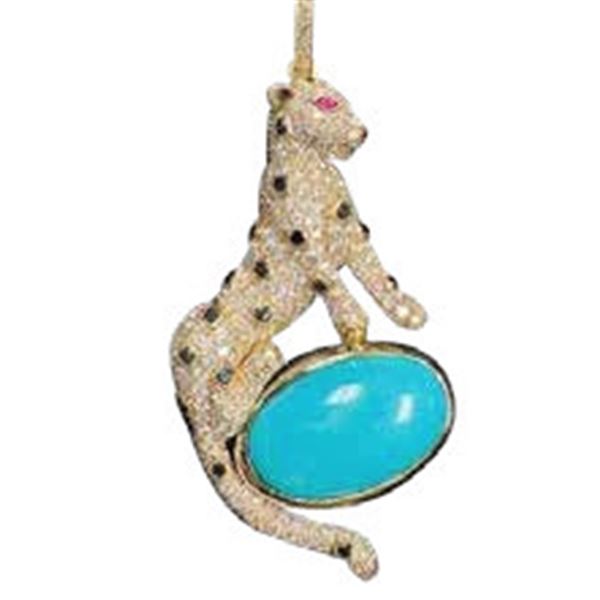 Diamond and Turquoise Panther Pendant Set in 14K Yellow Gold