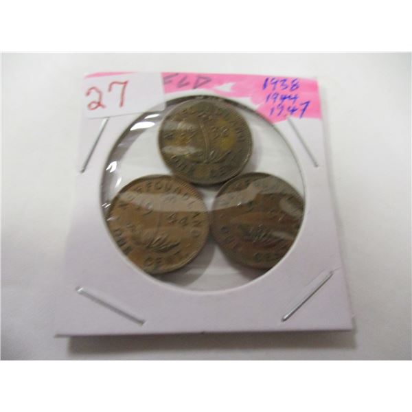 1938, 1944 & 1947 SCARCE LOT OF NEWFOUNDLAND PENNIES