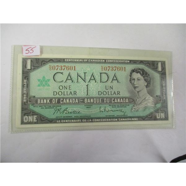 1967 UNCIRCULATED SERIAL NUMBER CANADA CENTENNIAL DOLLAR BILL