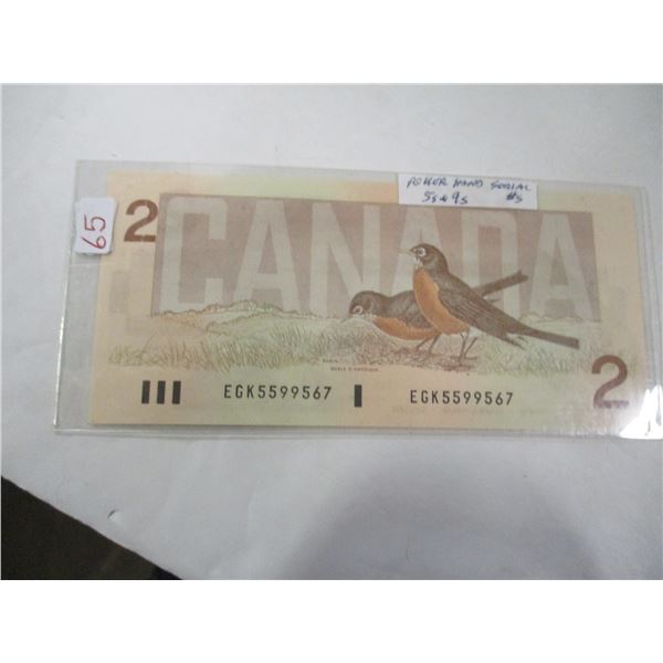 1986 BIRD SERIES (5'S & 9'S) POKER HAND SERIAL NUMBER $2 BILL