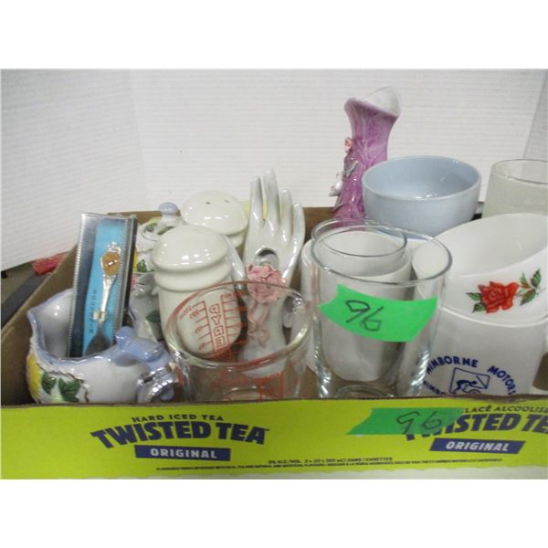ESTATE:  TRAY C/W ASSORTED DISHWARE INCLUDING ORNAMENTS, VASES, MEASURING CUP, ETC