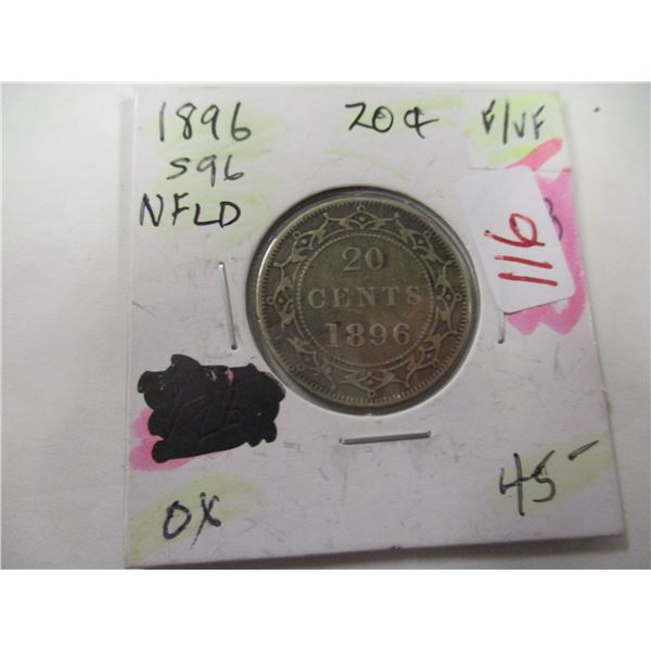 1896 F/VF VICTORIAN NEWFOUNDLAND SILVER 20 CENT COIN