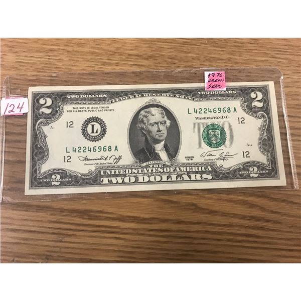 1976 SCARCE USA GREEN SEAL $2 BILL