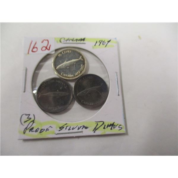 LOT OF THREE SILVER 1967 CANADA FISH DIMES (TAKEN FROM PROOF SILVER SET)