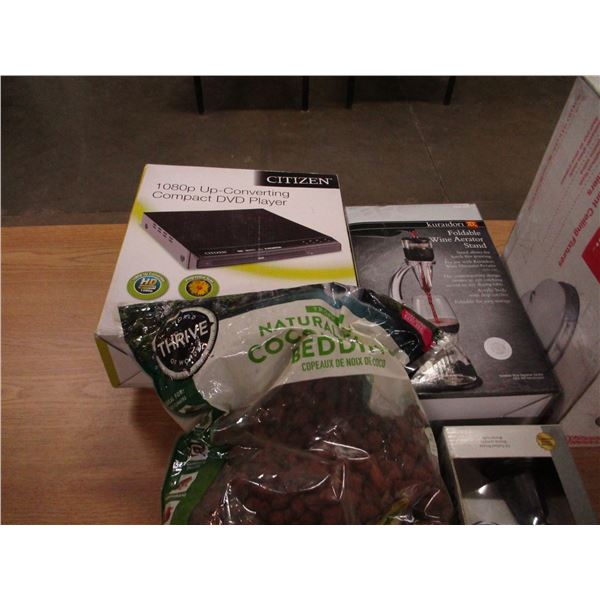 LARGE BOX C/W DVD PLAYER, WINE AERATOR, LIGHT FIXTURE, ETC