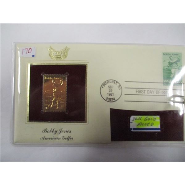 AMERICAN GOLFER BOBBY JONES 22 KARAT GOLD FILLED SHIELD