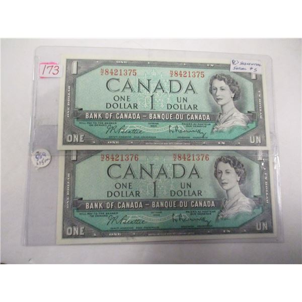 1954 SET OF BANK OF CANADA 2 SEQUENTIAL SERIAL NUMBER $1 BILLS