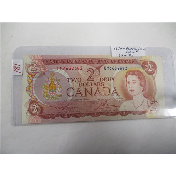 1974 POKER HAND SERIAL NUMBER MULTI COLORED CANADA $2 BILL